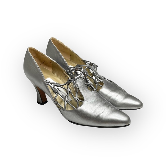Vintage: Evan Picone ♚ Lattice Mary Janes Heels Pumps ♚ Metallic Silver Leather - Picture 9 of 16